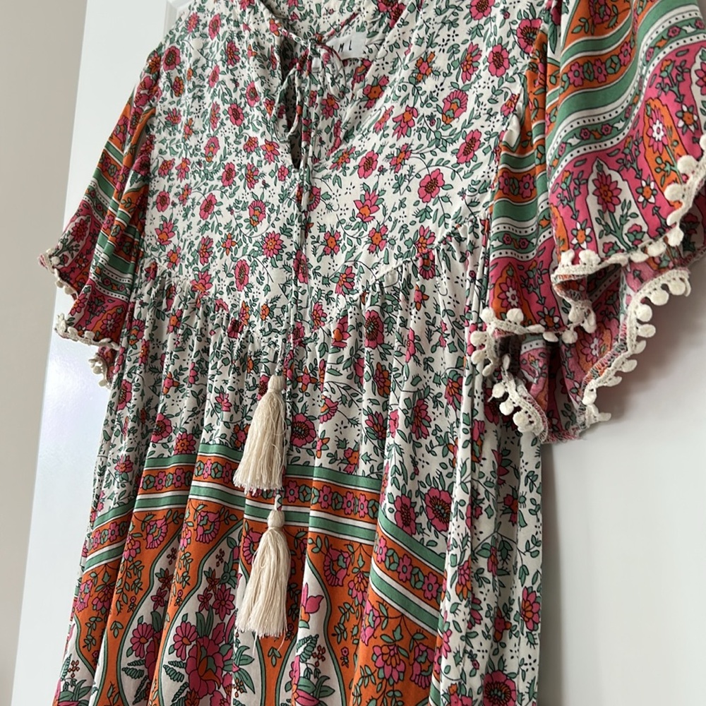 Anthro THML Mixed Prints Peasant Top w Flutter Sleeves Sz S w MEASUREMENTS